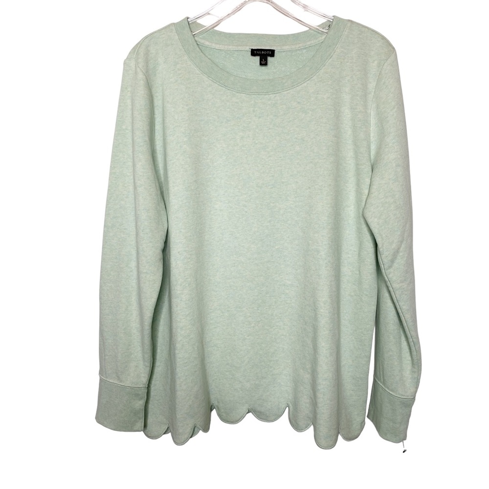 Talbots Scallop Hem Sweatshirt Size Large Heather Green Crewneck Long Sleeve